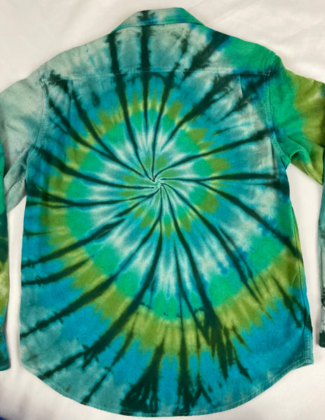 Adult Green Spiral Tie-dyed Longsleeve Flannel Shirt, M