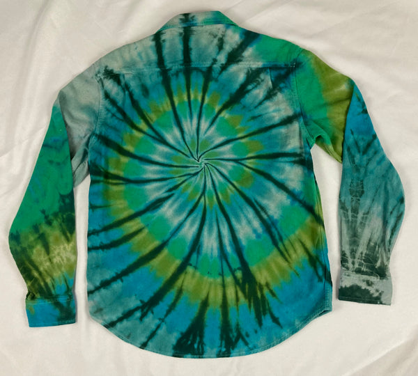 Adult Green Spiral Tie-dyed Longsleeve Flannel Shirt, M