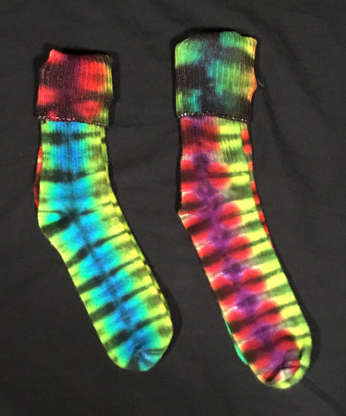 Adult Rainbow/Black Striped Tie-Dyed Bamboo Socks (multiple sizes)
