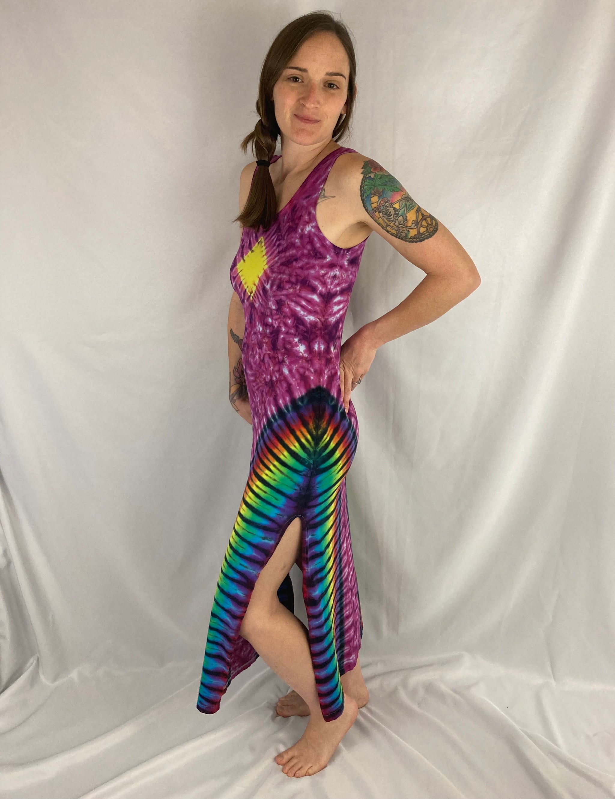 Women's Pink Rainbow Tie-Dyed Bodycon Maxi Dress, M/L  Art by Melrose