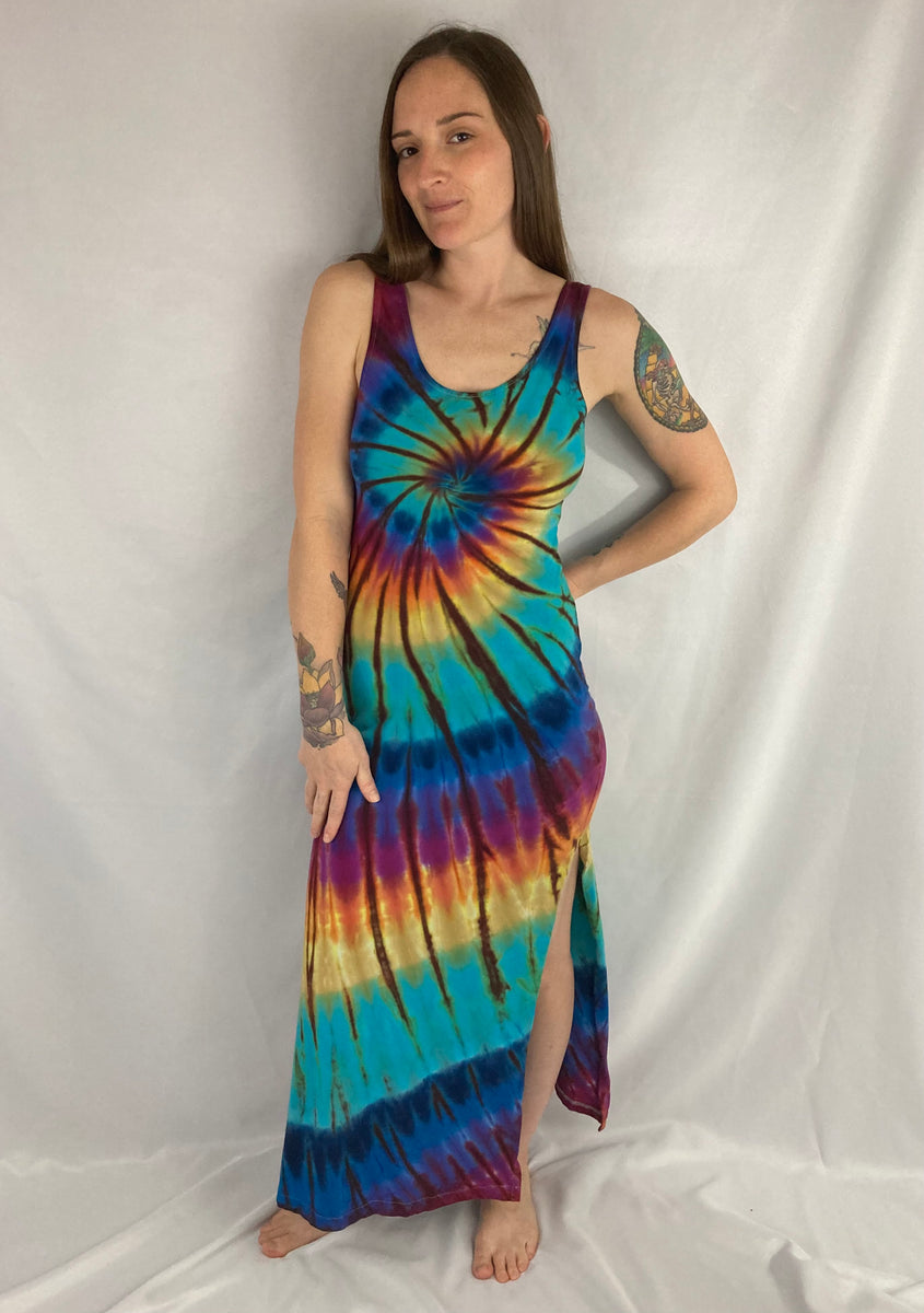 Women's Earthy Rainbow Tie-Dyed Bodycon Maxi Dress, S/M – Art by Melrose