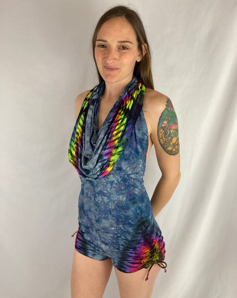 Women's Blue Gray/Rainbow Tie-Dyed Firebird Shortsie, M