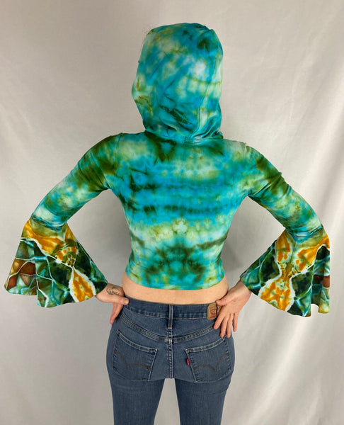 Women’s Earthy Green Mandala Ice-Dyed Bell Sleeve Crop Top, S/M