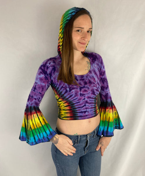 Women’s Amethyst/Rainbow Tie-Dyed Bell Sleeve Crop Top, S/M