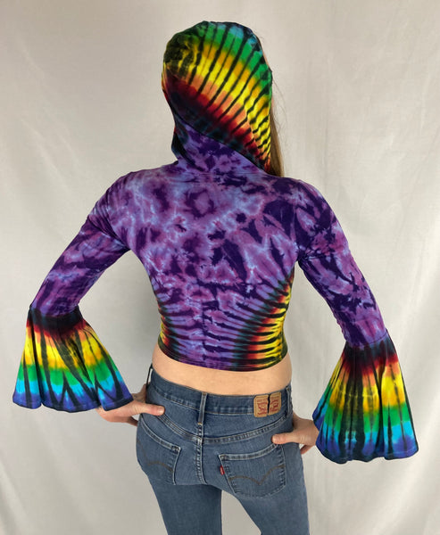Women’s Amethyst/Rainbow Tie-Dyed Bell Sleeve Crop Top, S/M