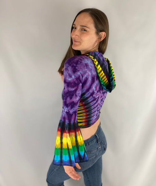 Women’s Amethyst/Rainbow Tie-Dyed Bell Sleeve Crop Top, S/M