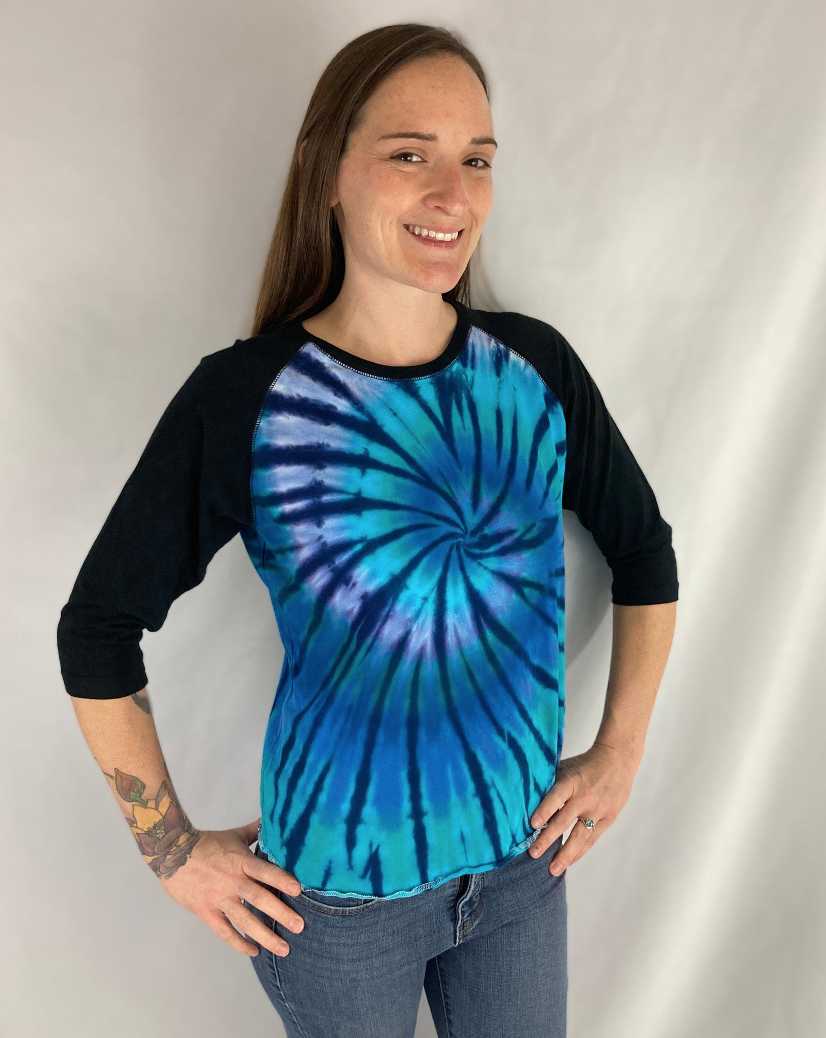 Women's Blue Spiral Tie-dyed Baseball Tee, XL