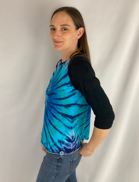 Women's Blue Spiral Tie-dyed Baseball Tee, XL