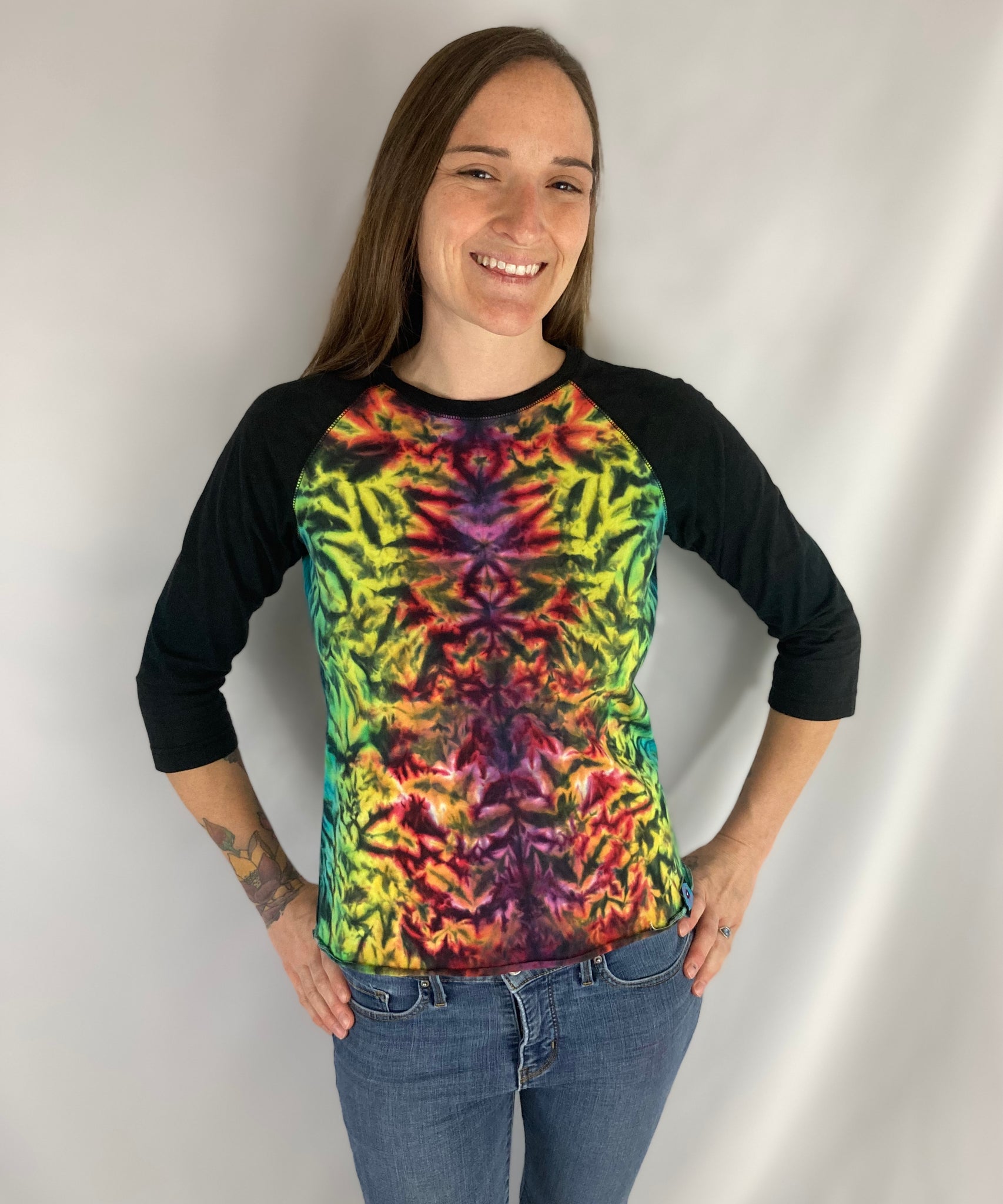 Women's Rainbow/Black Crush Tie-dyed Baseball Tee, XL