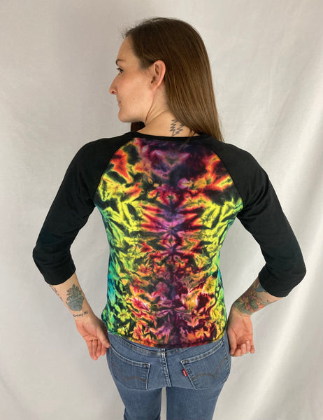 Women's Rainbow/Black Crush Tie-dyed Baseball Tee, XL