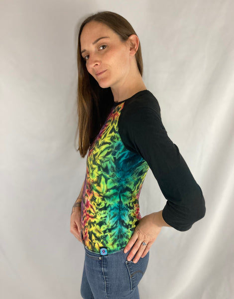 Women's Rainbow/Black Crush Tie-dyed Baseball Tee, XL
