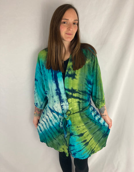 Adult Earthy Green Tie-Dyed Rayon Short Robe, O/S (Slight Stitching Defect)
