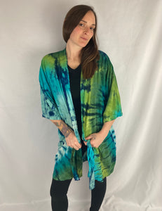 Adult Earthy Green Tie-Dyed Rayon Short Robe, O/S (Slight Stitching Defect)