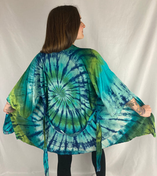 Adult Earthy Green Tie-Dyed Rayon Short Robe, O/S (Slight Stitching Defect)