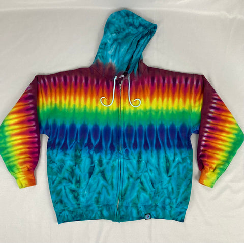 Adult Aqua/Rainbow Stripe Tie-Dyed Zip-Up Hoodie, XL