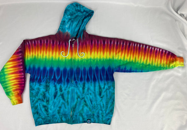 Adult Aqua/Rainbow Stripe Tie-Dyed Zip-Up Hoodie, XL