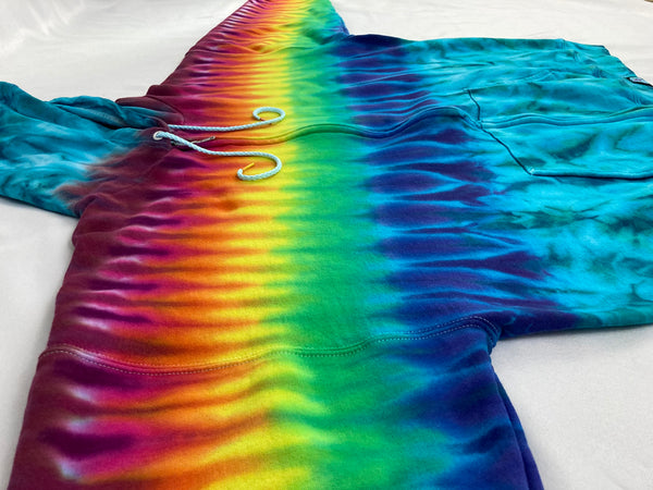 Adult Aqua/Rainbow Stripe Tie-Dyed Zip-Up Hoodie, XL
