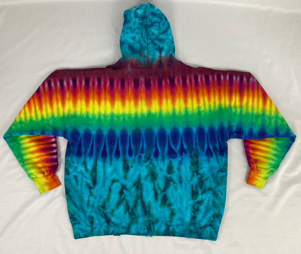 Adult Aqua/Rainbow Stripe Tie-Dyed Zip-Up Hoodie, XL