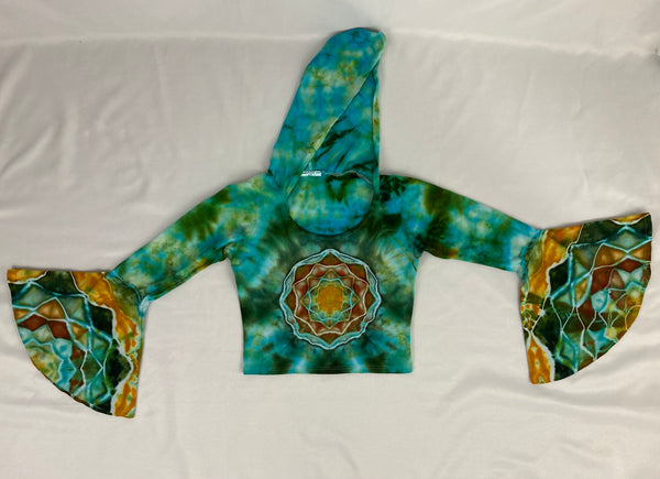 Women’s Earthy Green Mandala Ice-Dyed Bell Sleeve Crop Top, S/M