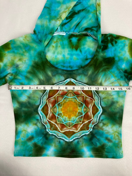 Women’s Earthy Green Mandala Ice-Dyed Bell Sleeve Crop Top, S/M