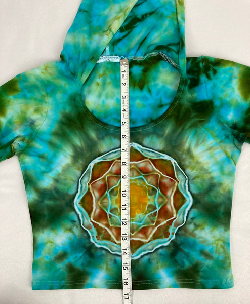 Women’s Earthy Green Mandala Ice-Dyed Bell Sleeve Crop Top, S/M