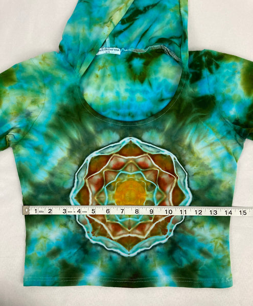 Women’s Earthy Green Mandala Ice-Dyed Bell Sleeve Crop Top, S/M