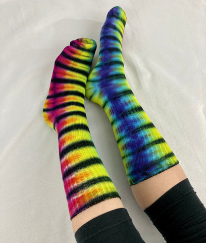 Adult Rainbow/Black Stripe Tie-Dyed Bamboo Socks, multiple sizes