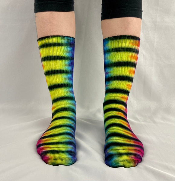 Adult Rainbow/Black Stripe Tie-Dyed Bamboo Socks, multiple sizes
