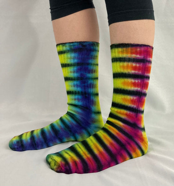 Adult Rainbow/Black Stripe Tie-Dyed Bamboo Socks, multiple sizes
