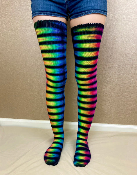 Adult Rainbow Striped Tie-dyed Thigh High Socks, 9-11
