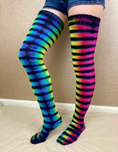 Adult Rainbow Striped Tie-dyed Thigh High Socks, 9-11