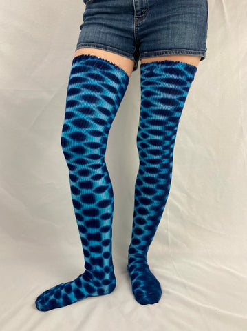 Adult Blue Polka Dot Tie-dyed Thigh High Socks, 9-11