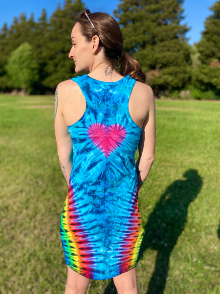 Women's Blue/Rainbow Heart Tie-Dyed Dress, S