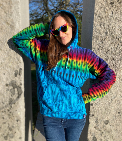 Adult Blue Rainbow Tie-Dyed Pullover Hoodie, M