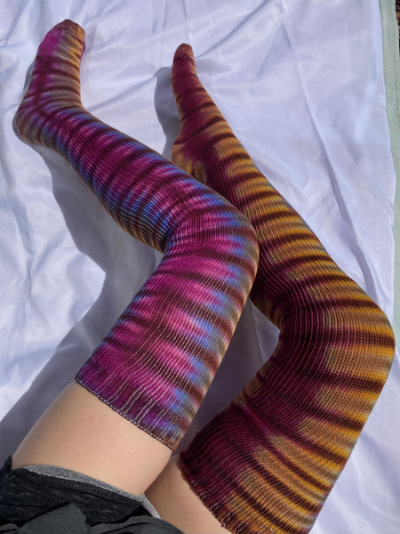 Adult Earthtone Tie-dyed Thigh High Socks, 9-11