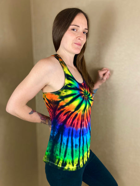 Women's Rainbow/Black Spiral Tie-dyed Tank, S