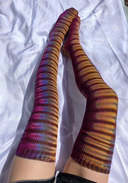 Adult Earthtone Tie-dyed Thigh High Socks, 9-11