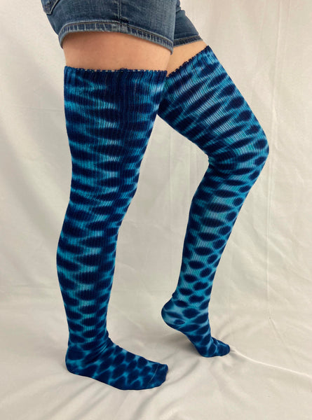 Adult Blue Polka Dot Tie-dyed Thigh High Socks, 9-11