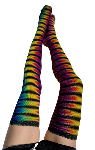 Adult Rainbow Black Tie-dyed Thigh High Socks, 9-11