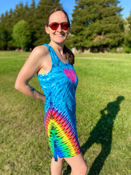 Women's Blue/Rainbow Heart Tie-Dyed Dress, S