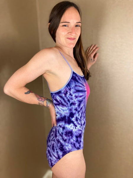 Women's Purple Love Tie-Dyed Spaghetti Bodysuit, XS