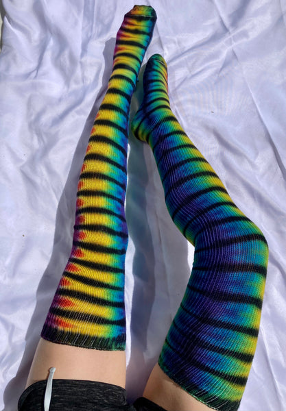 Adult Rainbow Black Tie-dyed Thigh High Socks, 9-11