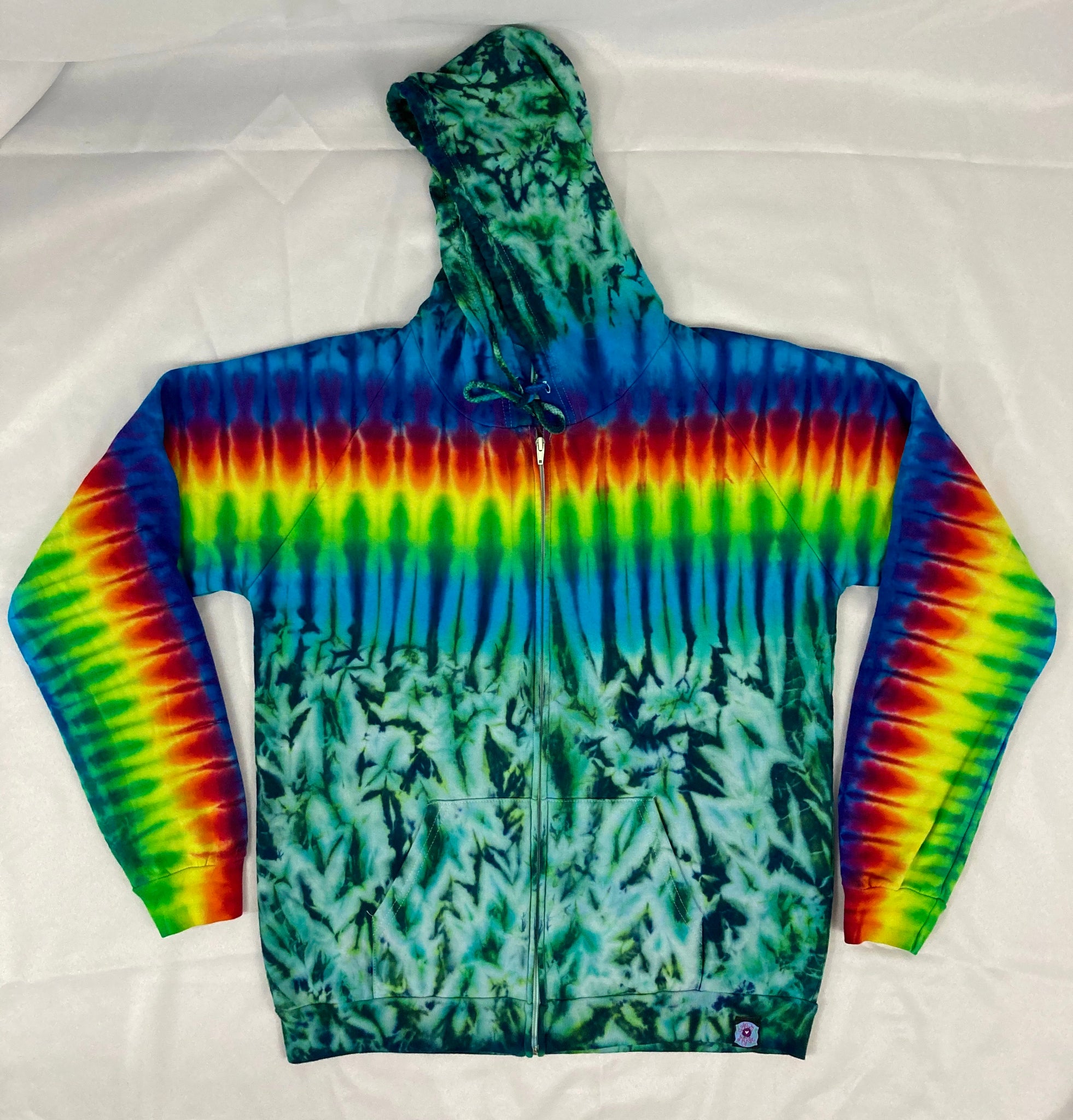 Adult Green/Rainbow Tie-Dyed Zip-Up Hoodie, L (ORGANIC)