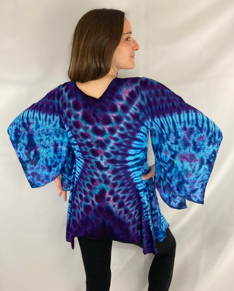 Women's Blue/Purple Tie-Dyed Kimono Sleeve Jacket, S/M