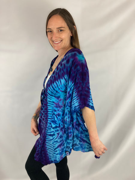 Women's Blue/Purple Tie-Dyed Kimono Sleeve Jacket, S/M