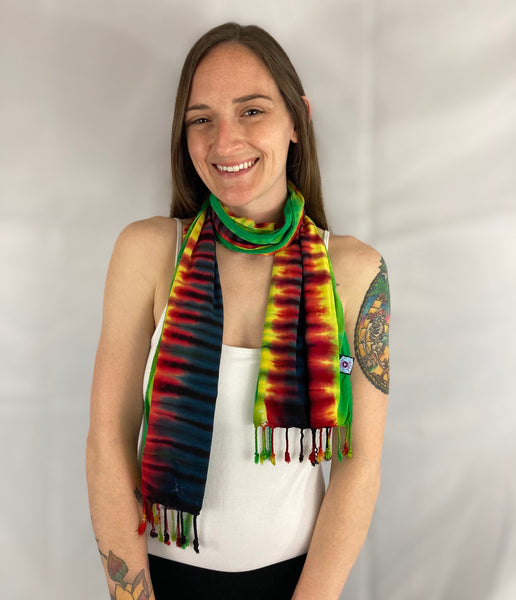 Rasta Colored Tie-dyed Rayon Fringe Scarf