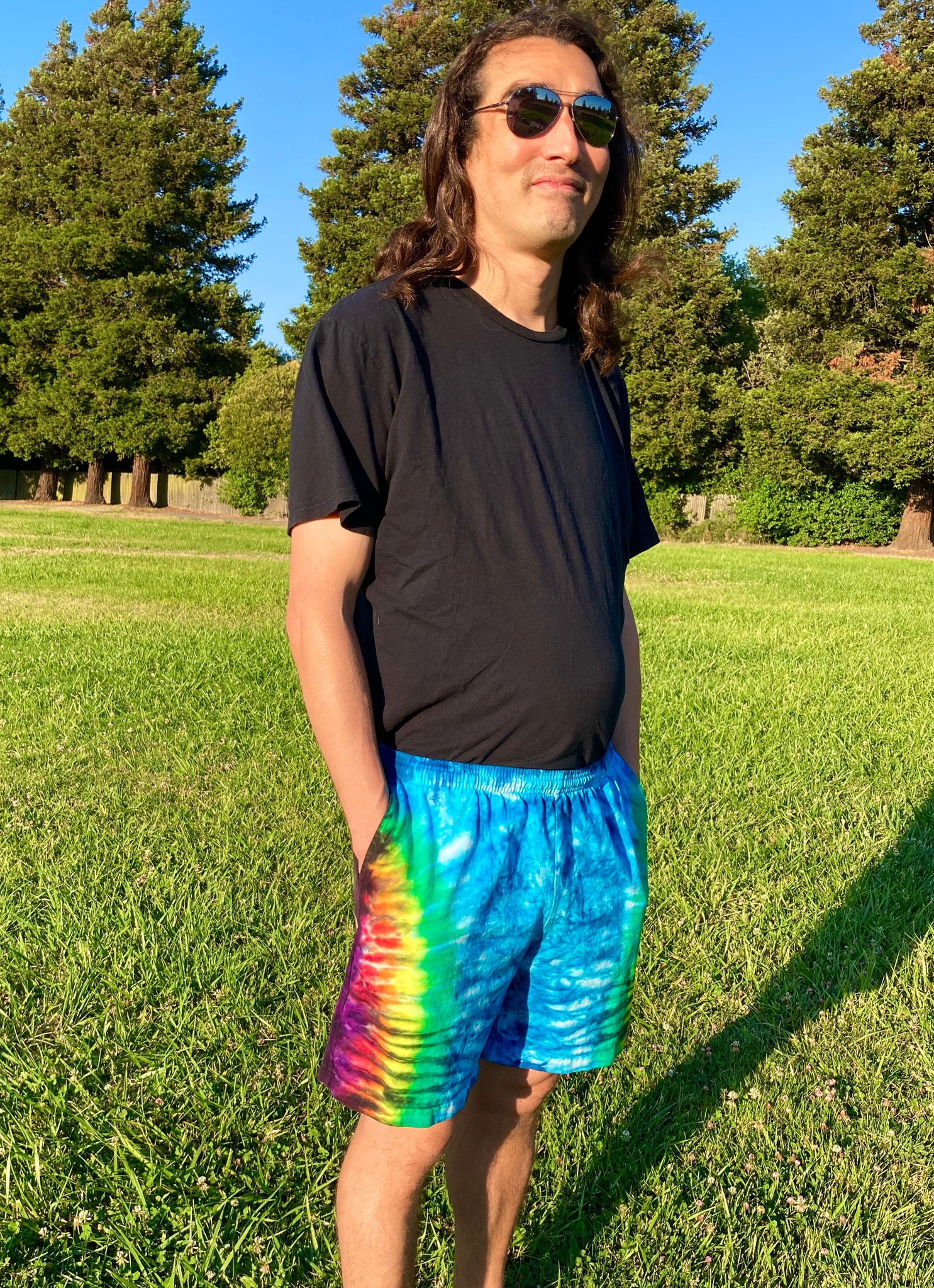 Men’s/Unisex Blue Rainbow Tie-Dyed Shorts, XL