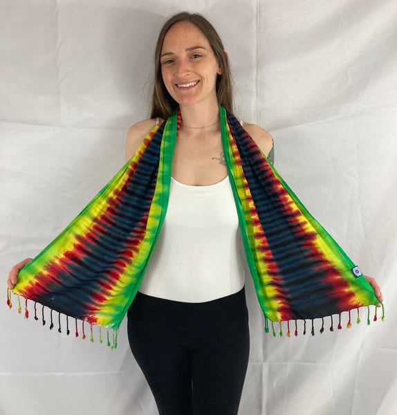 Rasta Colored Tie-dyed Rayon Fringe Scarf