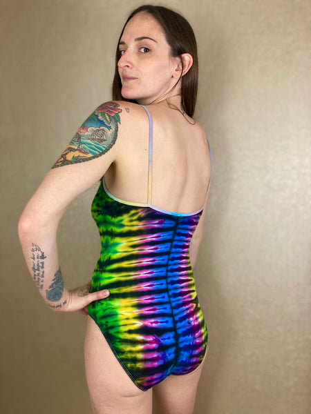Women's Rainbow/Black Tie-Dyed Spaghetti Bodysuit, S