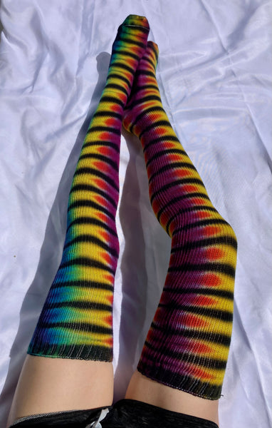 Adult Rainbow Black Tie-dyed Thigh High Socks, 9-11